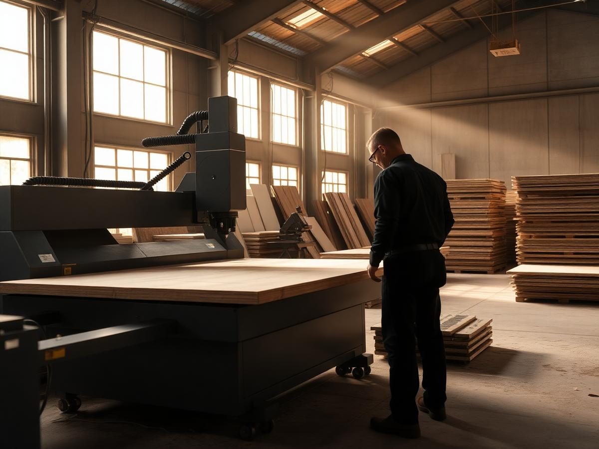 Certified plywood being machine-cut on the panel saw in the Furdo manufacturing facility