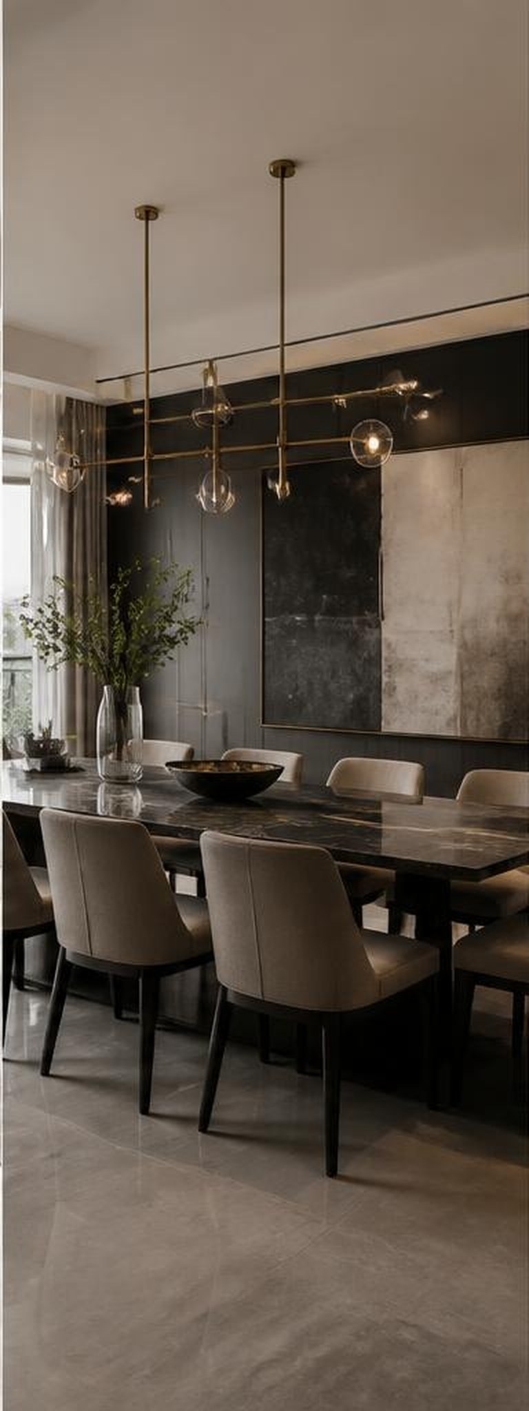 Contemporary dining room with dark timber and brass lighting