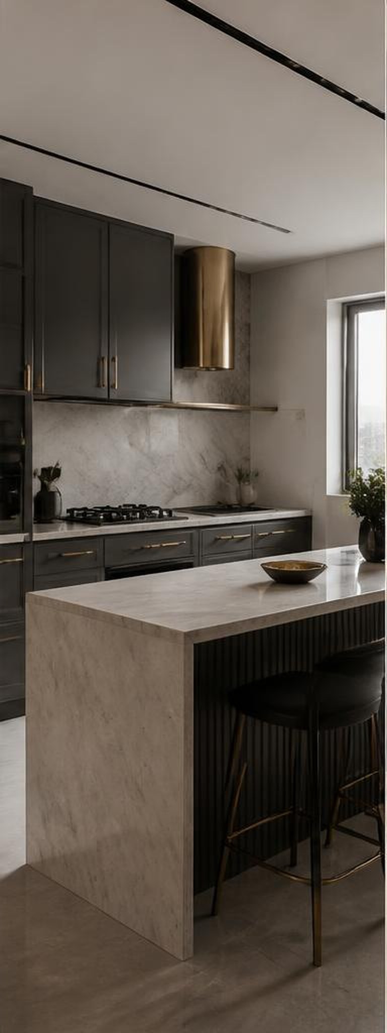 Contemporary kitchen with stone island and charcoal cabinetry