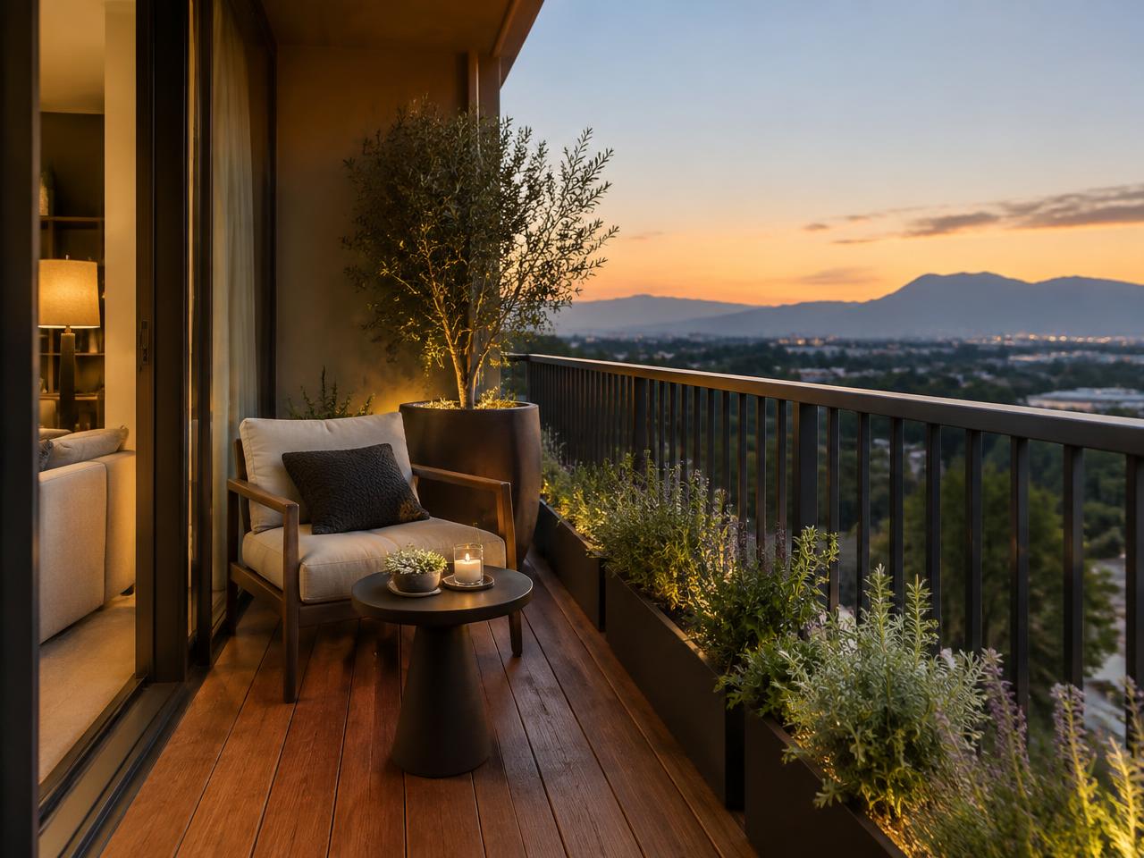 Contemporary balcony with timber deck and planters