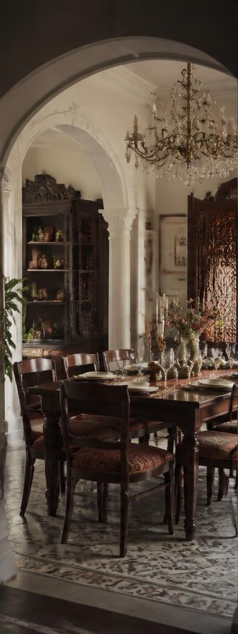 Victorian and Indian fusion dining room beneath a chandelier