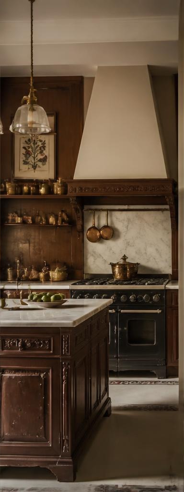 Victorian and Indian fusion kitchen with carved timber island