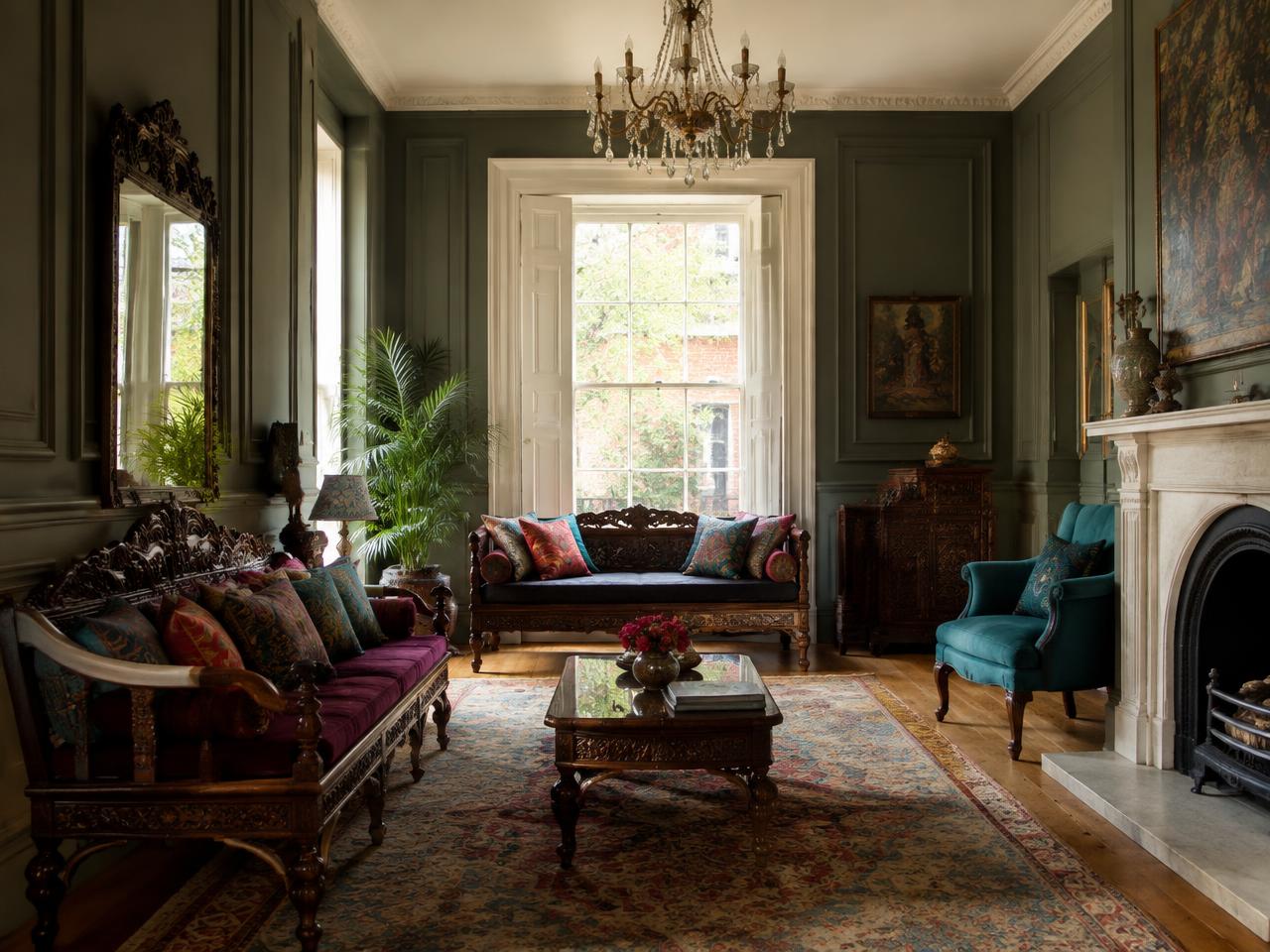 Living room combining Victorian panelling with carved Indian seating