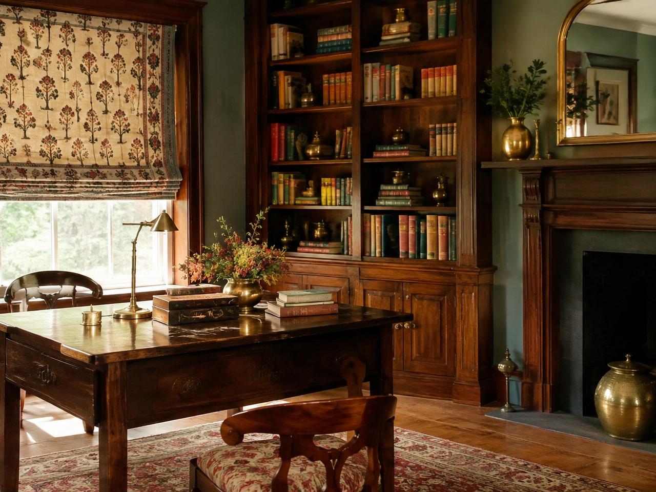 Study with Victorian joinery and Indian block print blind