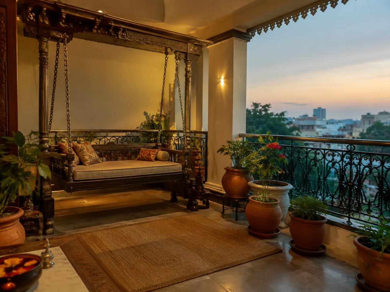 Balcony with iron railing and carved swing
