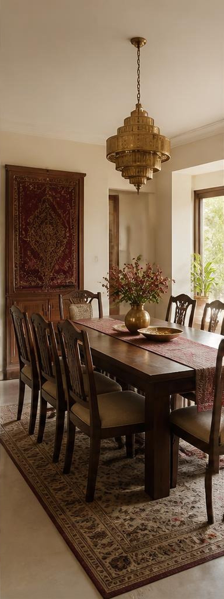 Indian ethnic dining room with carved timber and patterned rug