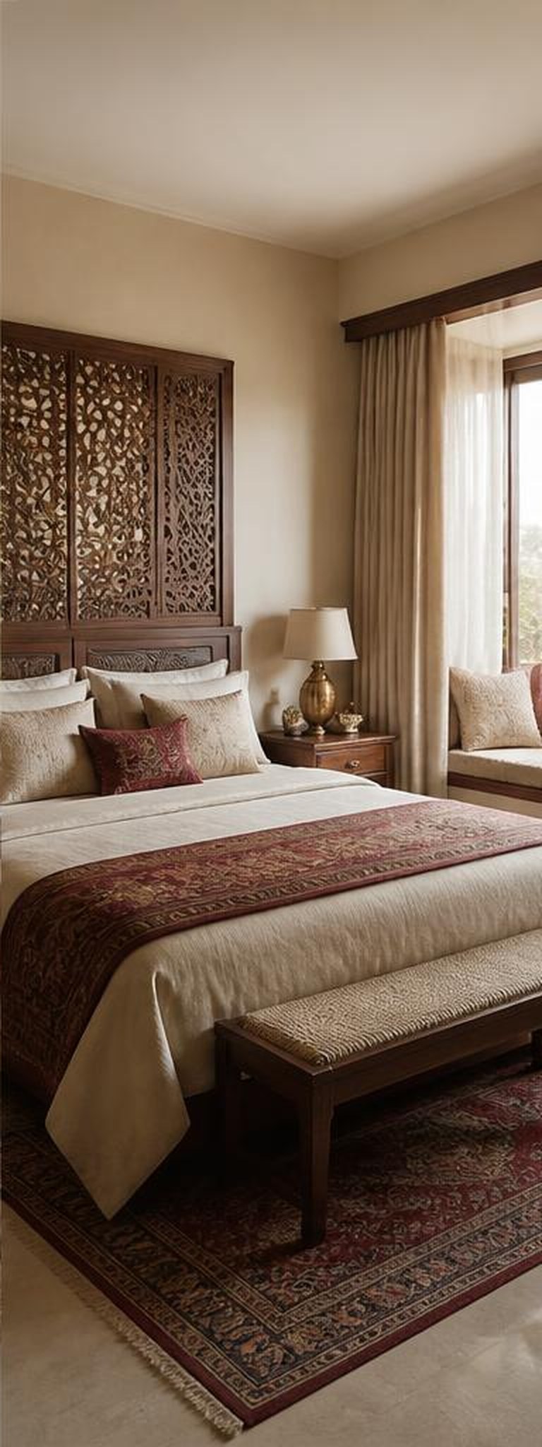 Indian ethnic bedroom with carved panels and woven textiles