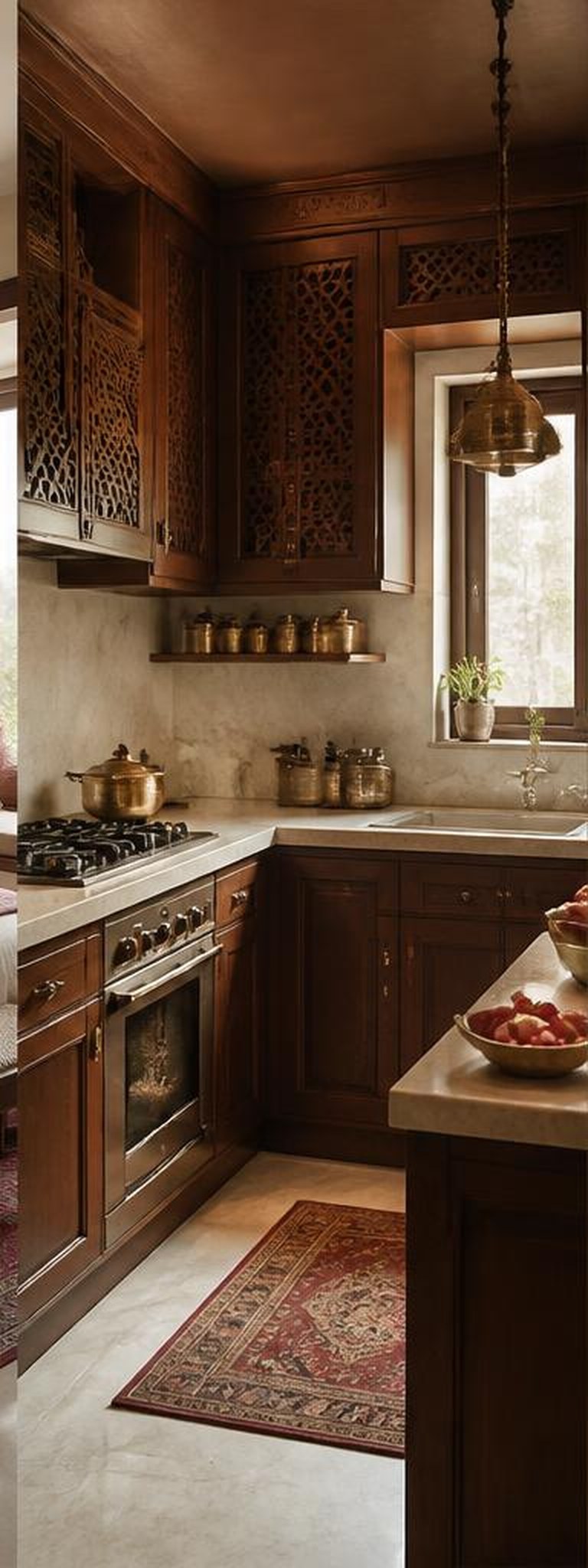 Indian ethnic kitchen with carved walnut cabinetry