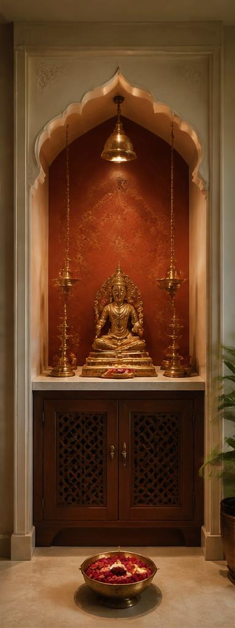 Indian ethnic pooja alcove with brass lamps