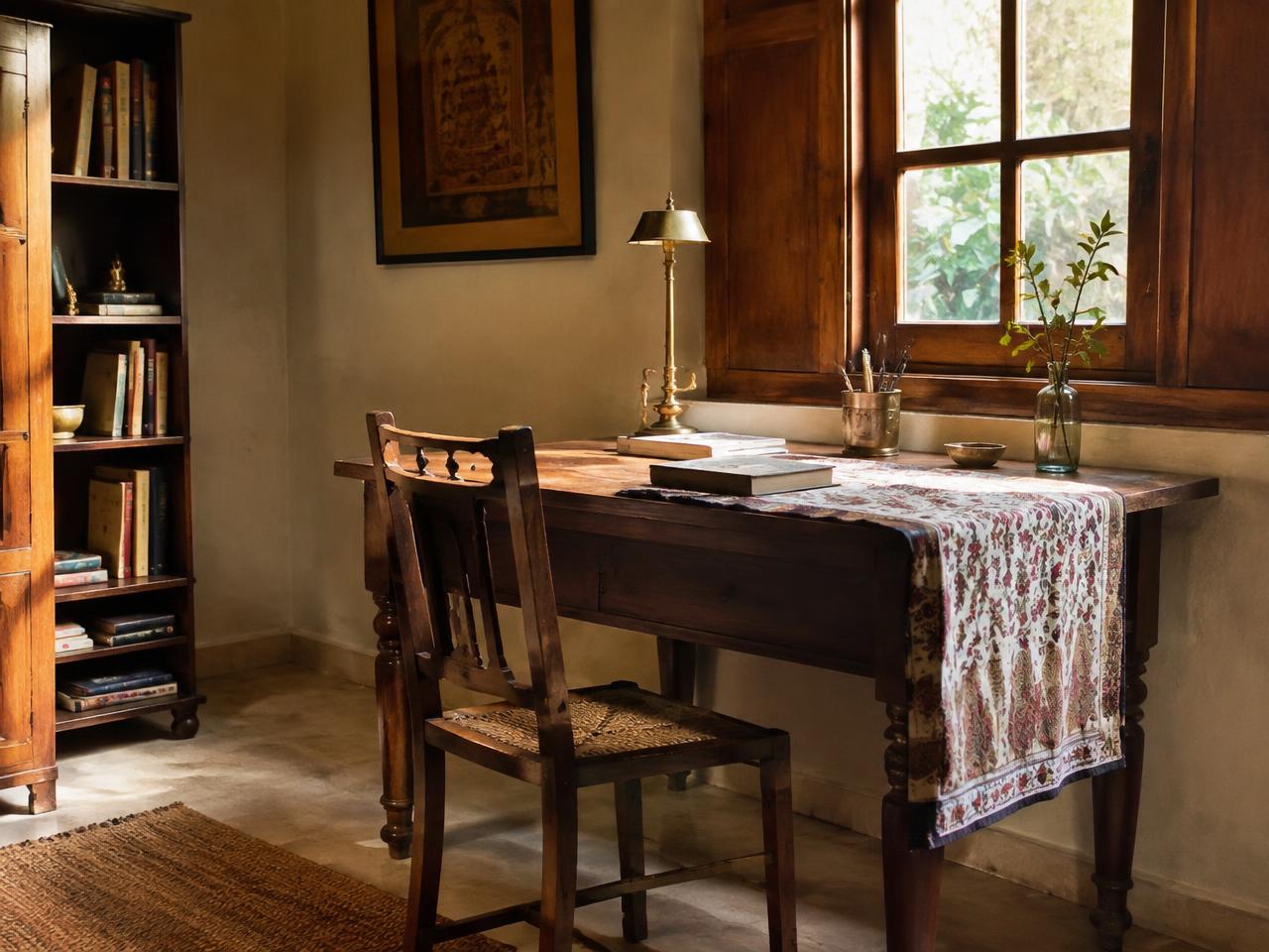 Indian ethnic study with antique desk and brass lamp