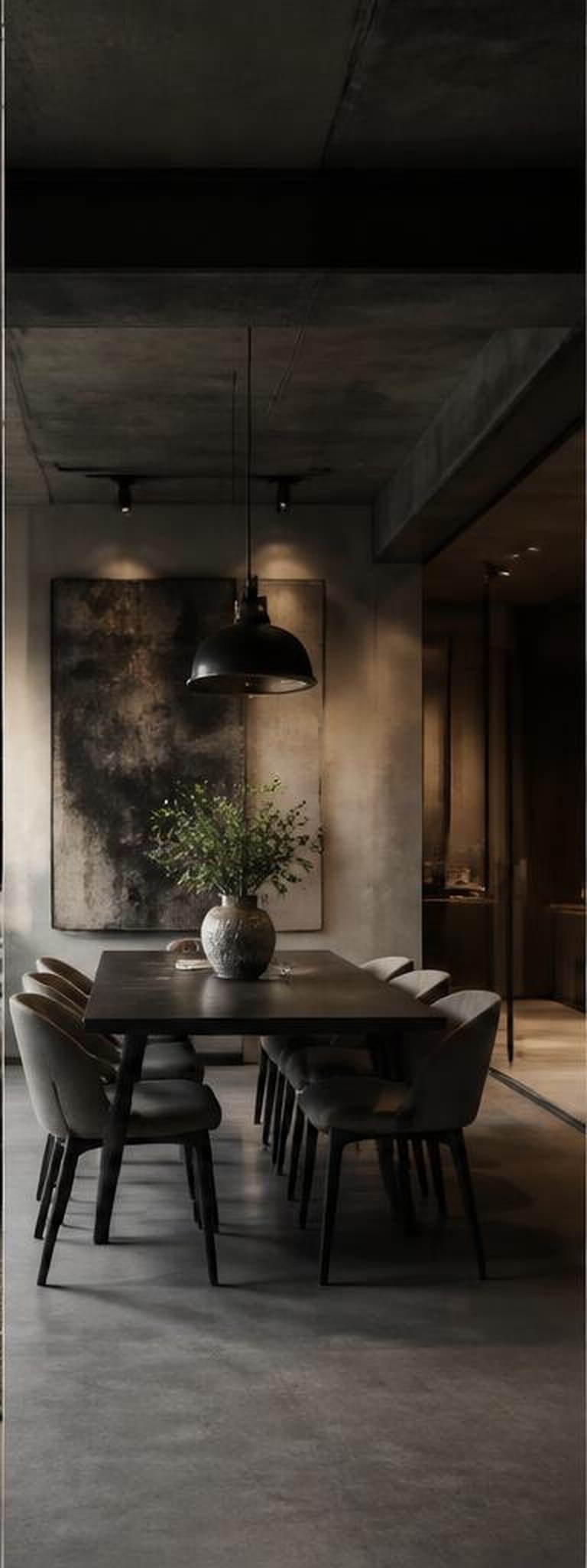 Industrial dining room with concrete ceiling and dark table