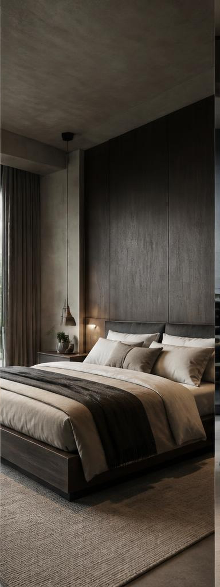 Industrial bedroom with charcoal timber wall