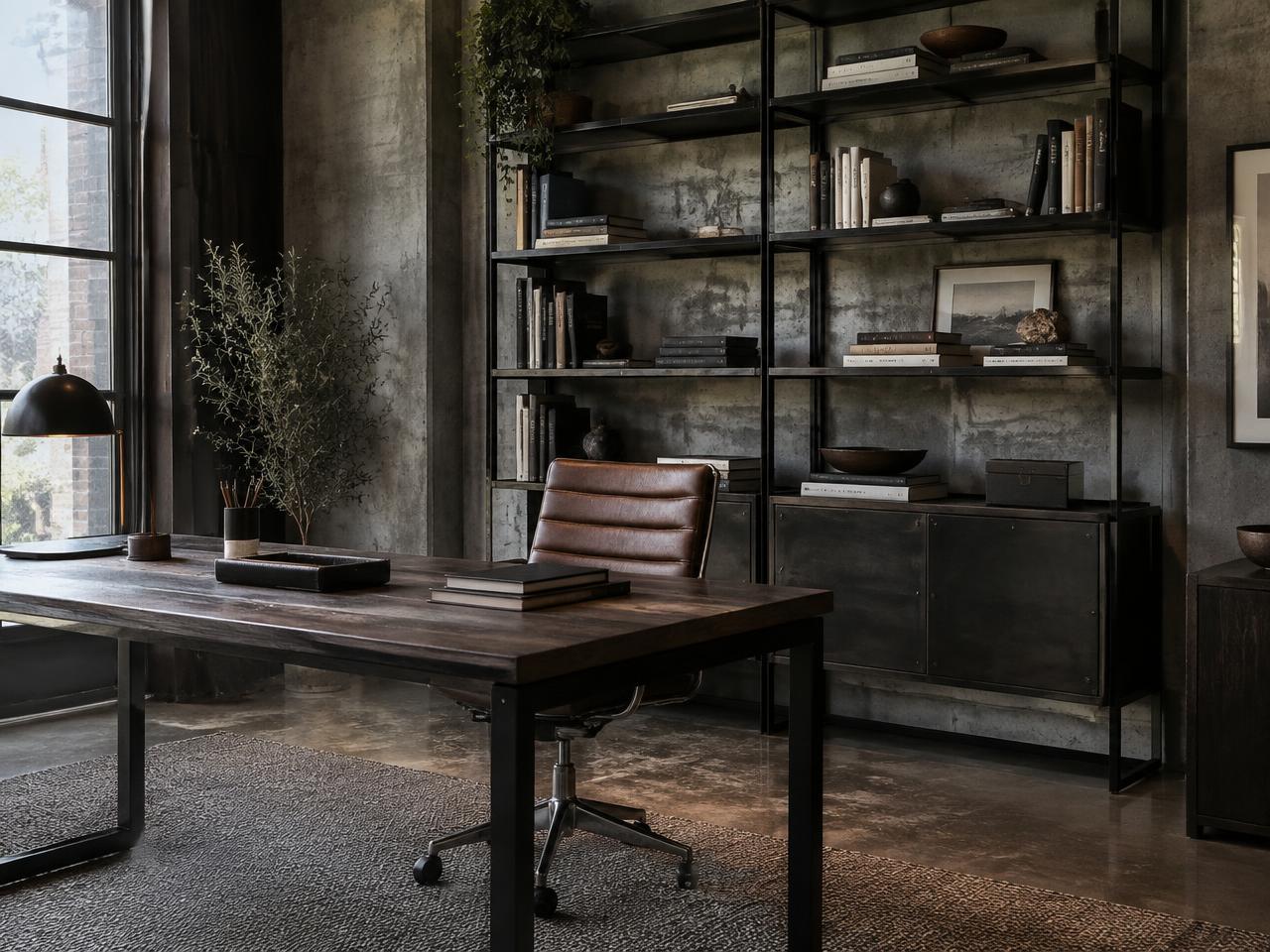 Industrial home office with steel shelving