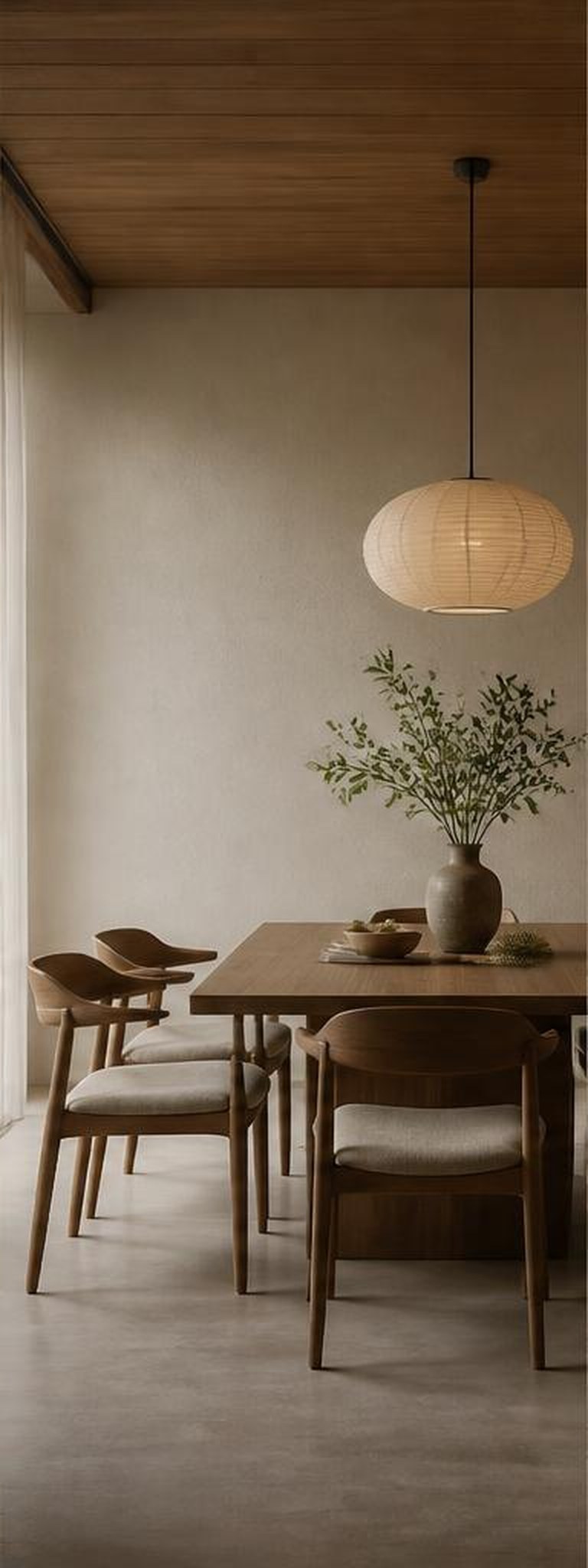 Japandi dining room with pale oak table and paper pendant