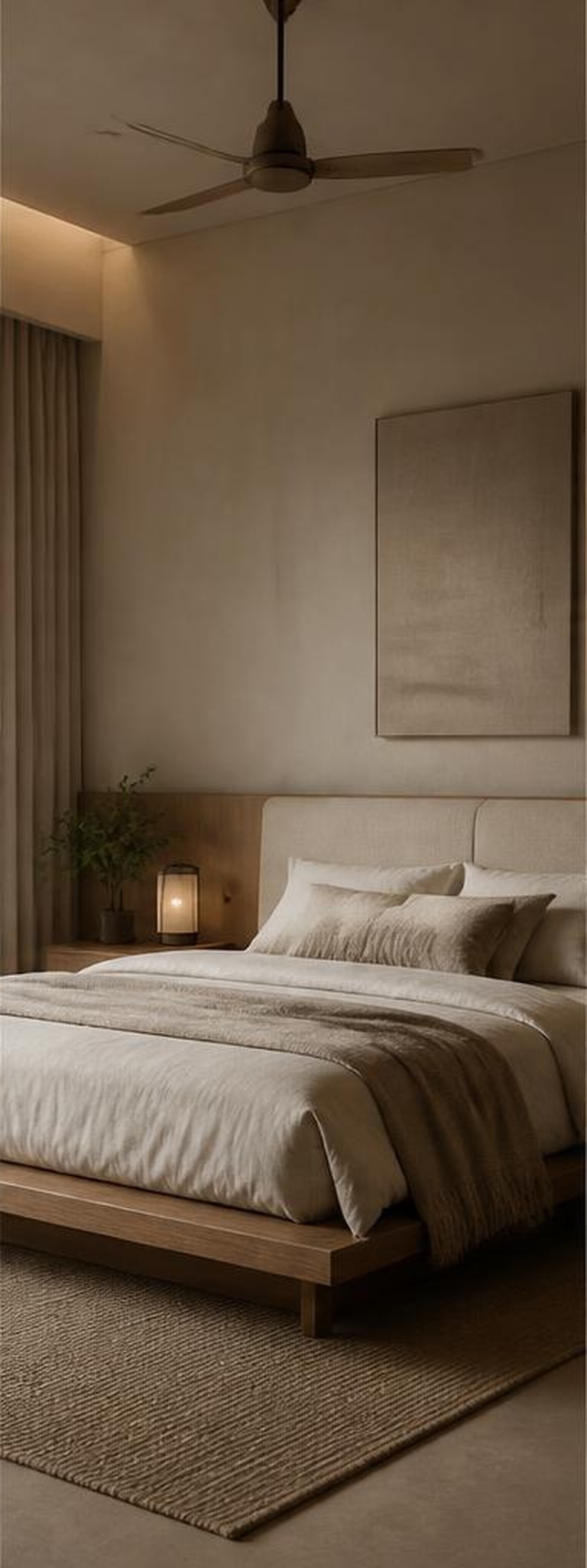 Japandi bedroom with low oak bed and linen layers