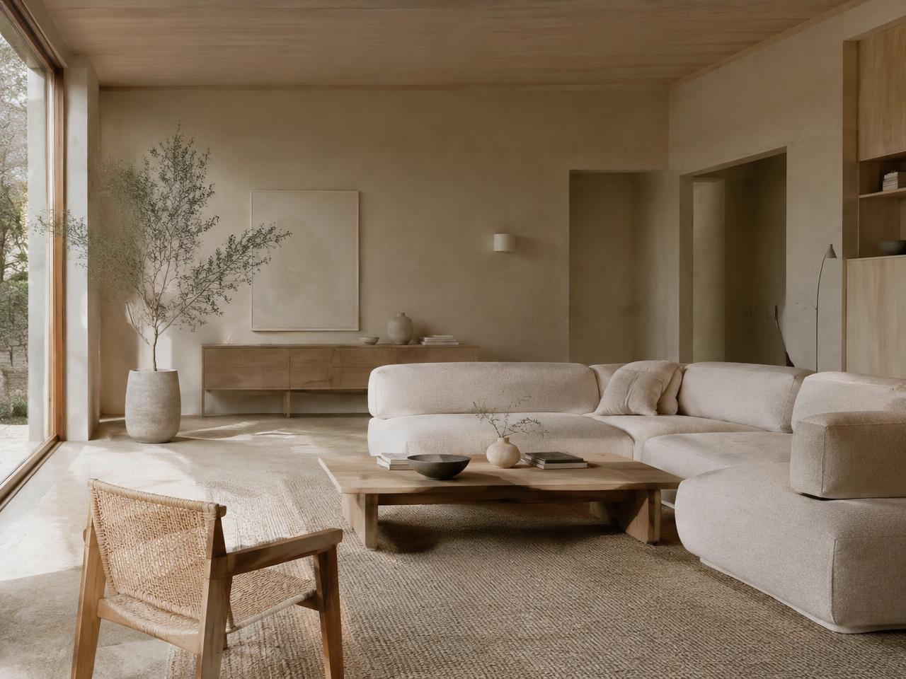 Japandi living room in oak and plaster