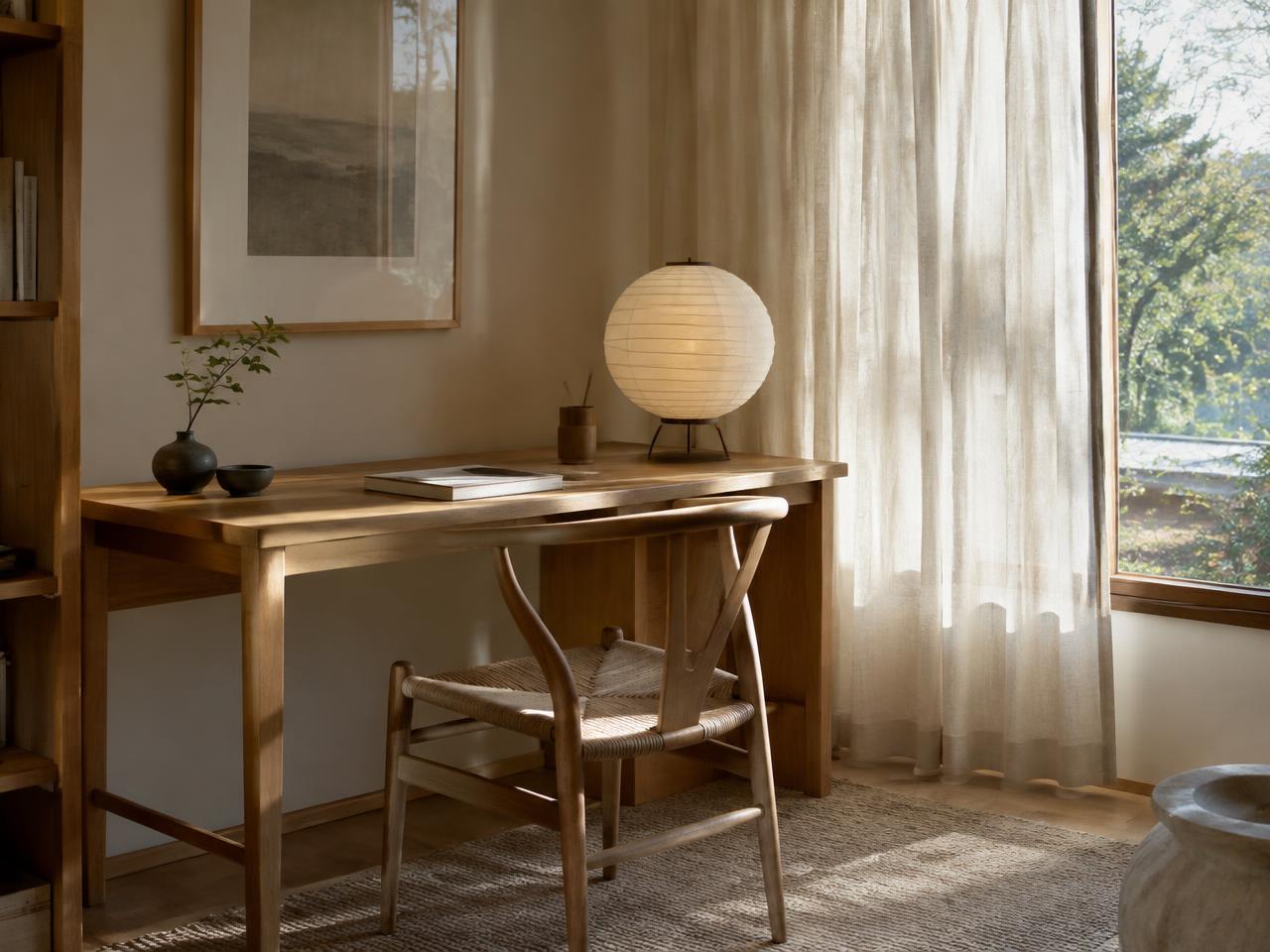 Japandi study with oak desk and paper lamp
