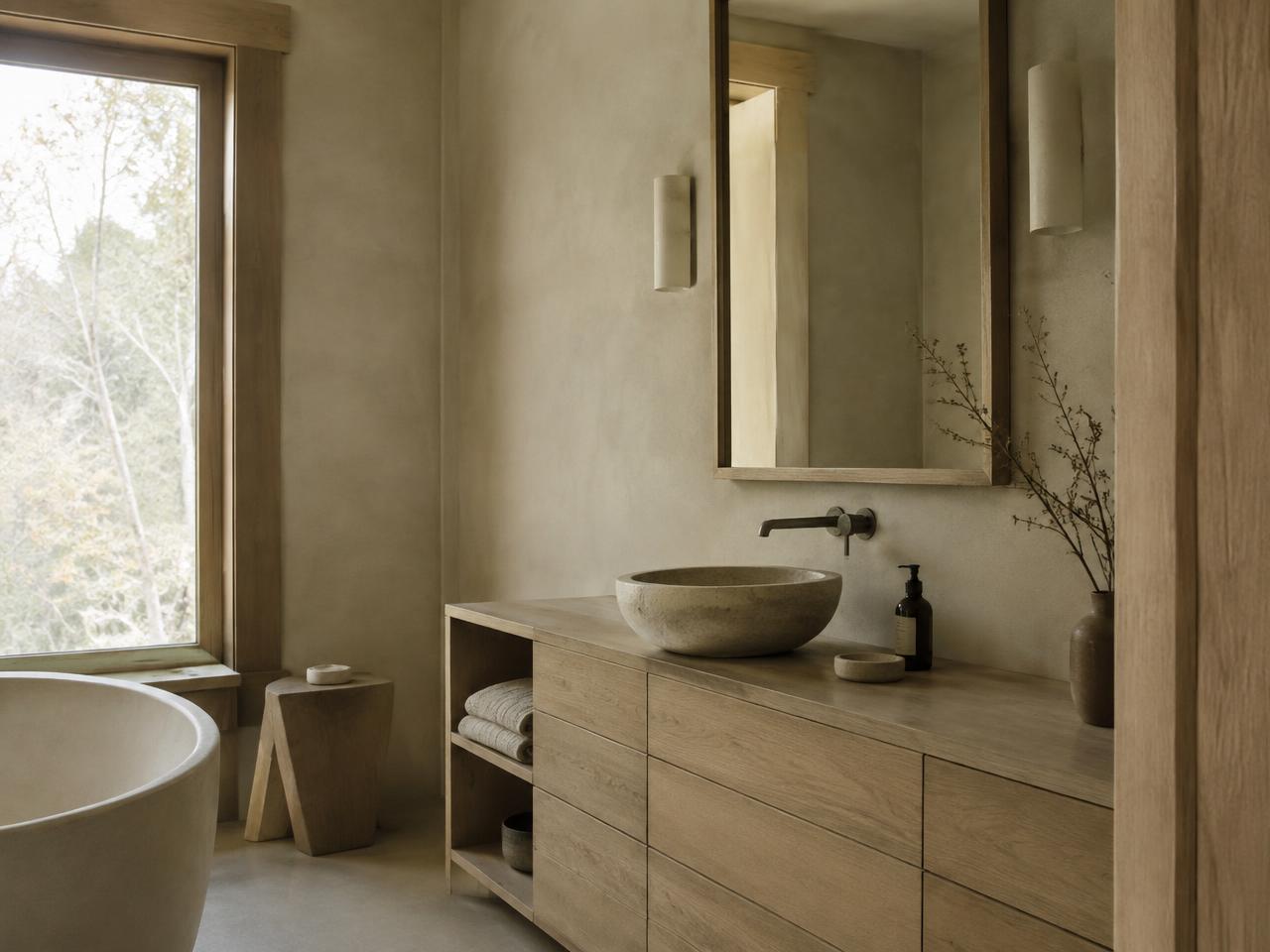 Japandi bathroom with oak vanity and stone basin