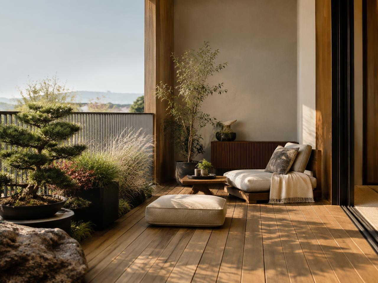 Japandi balcony with timber deck and planting