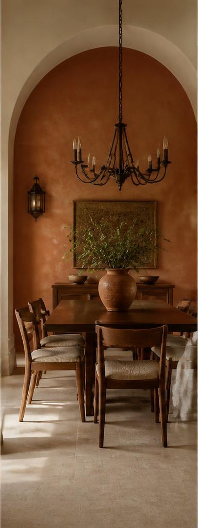Mediterranean dining room with terracotta alcove and dark wood table