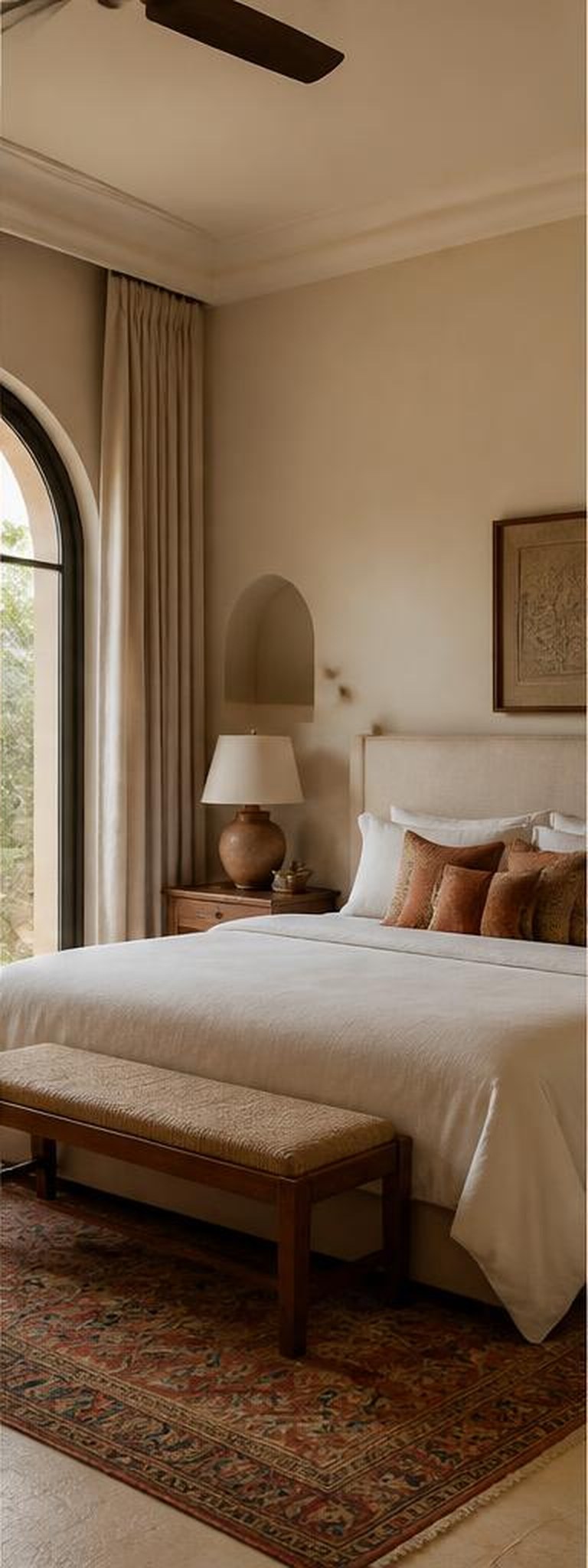 Mediterranean bedroom with plaster walls and terracotta textiles