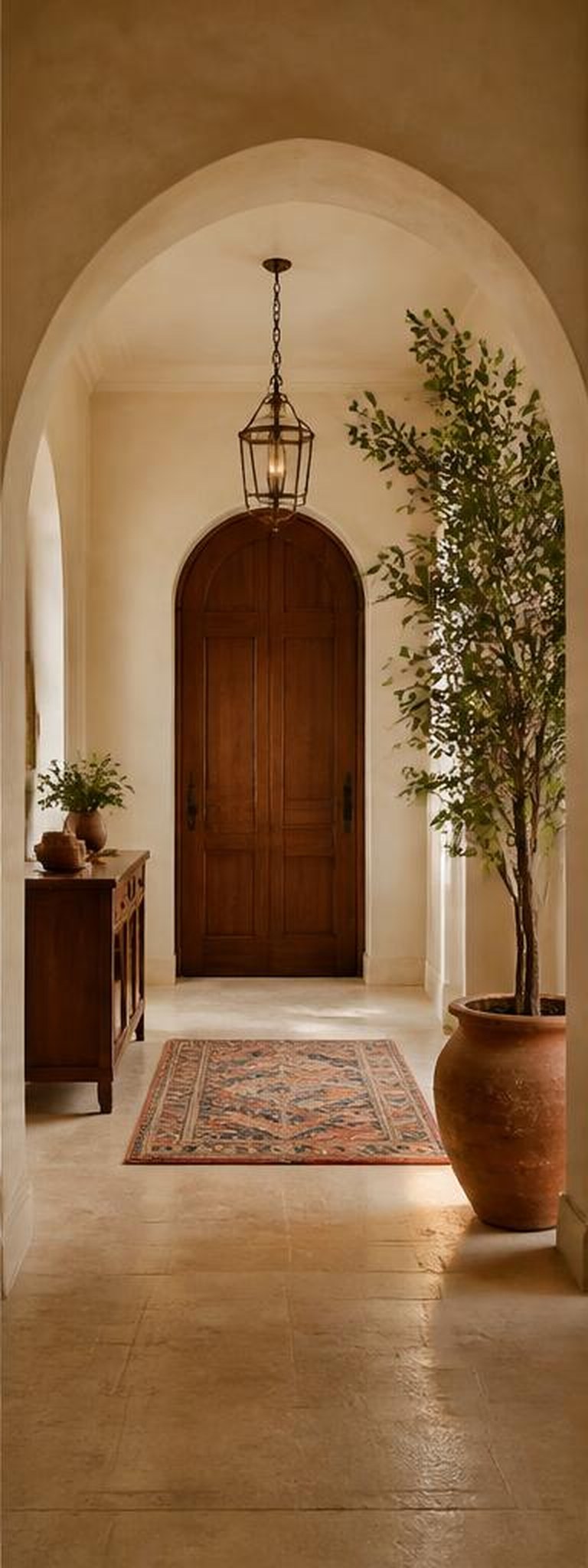 Mediterranean foyer with arched doorway and terracotta floor