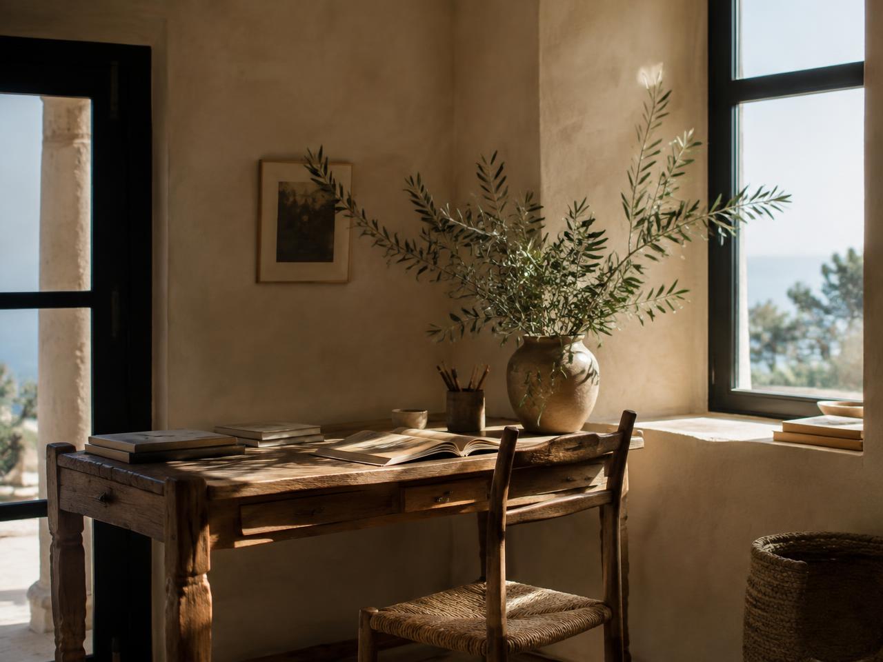 Mediterranean study corner with timber desk