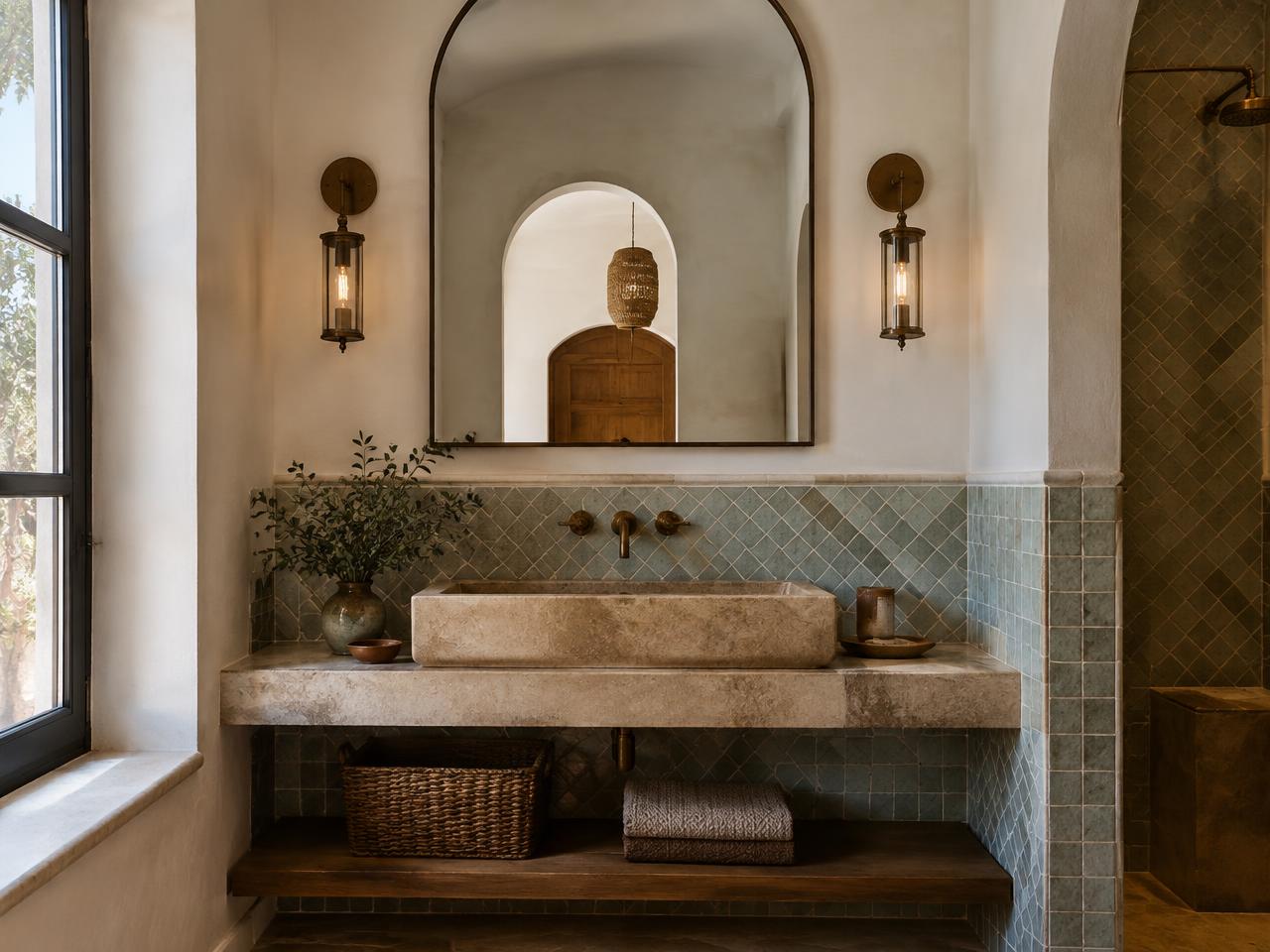 Mediterranean bathroom with arched mirror and glazed tile