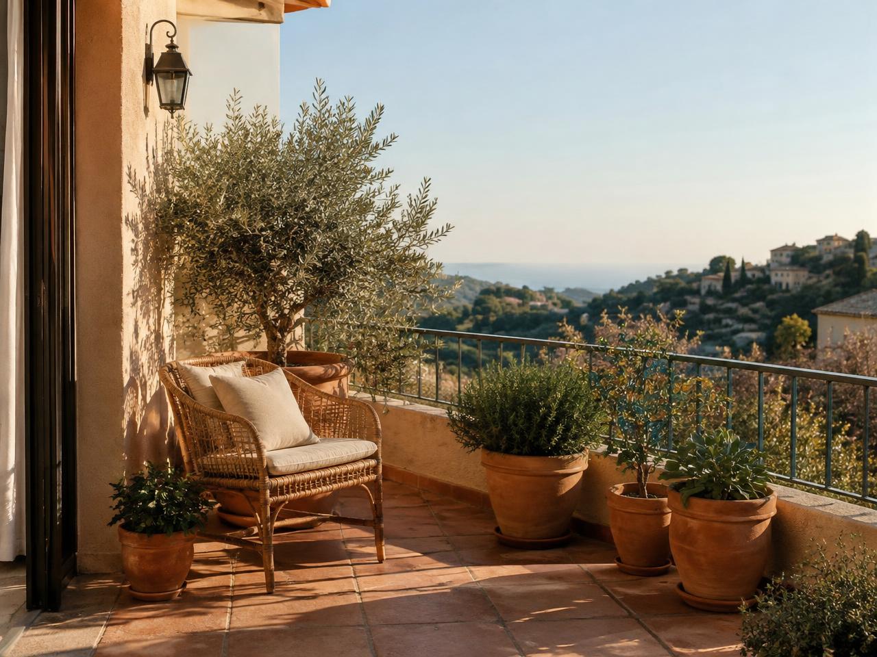Mediterranean terrace with olive tree and rattan chair