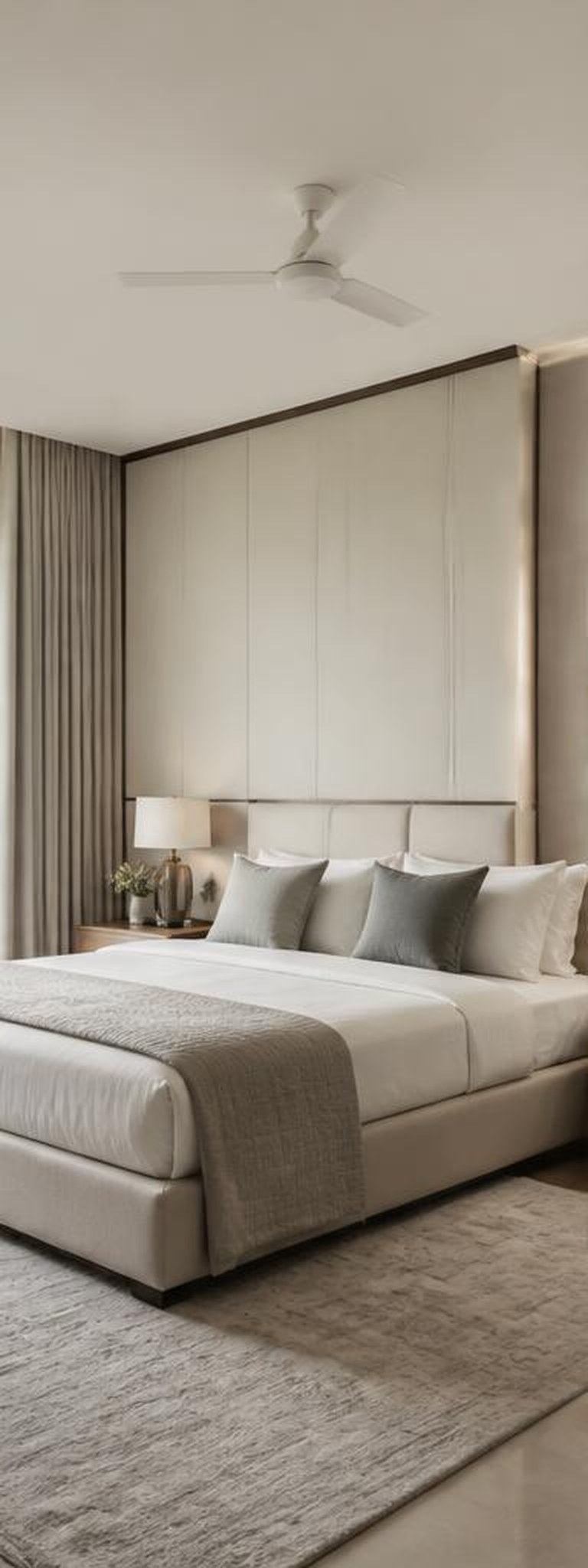 Minimalistic bedroom with integrated pale joinery