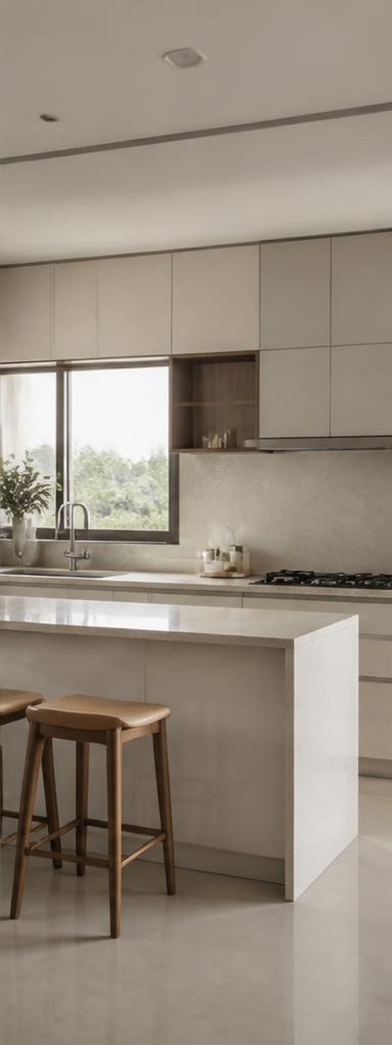 Minimalistic white kitchen with timber stools