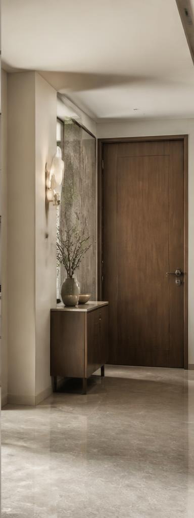 Minimalistic foyer with walnut console