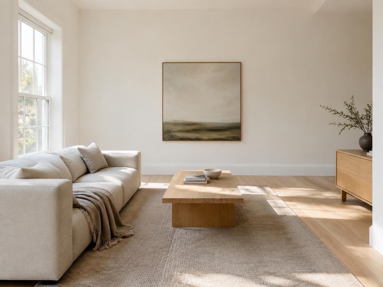 Minimalist living room in ivory and pale oak