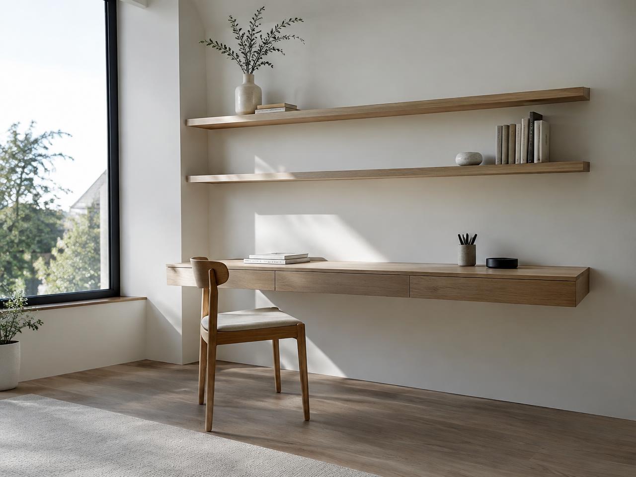 Minimalist floating desk with open shelves