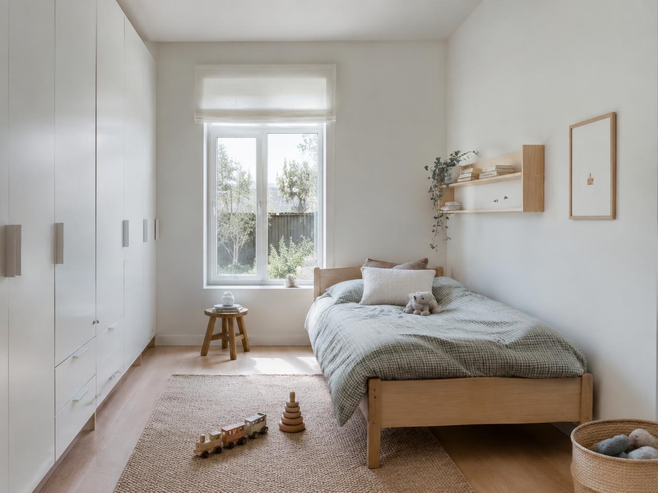 Minimalist children's bedroom with white wardrobes