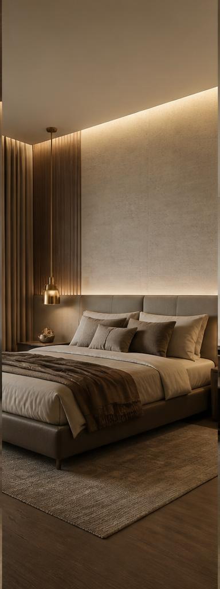 Modern luxury bedroom with stone wall and dark timber