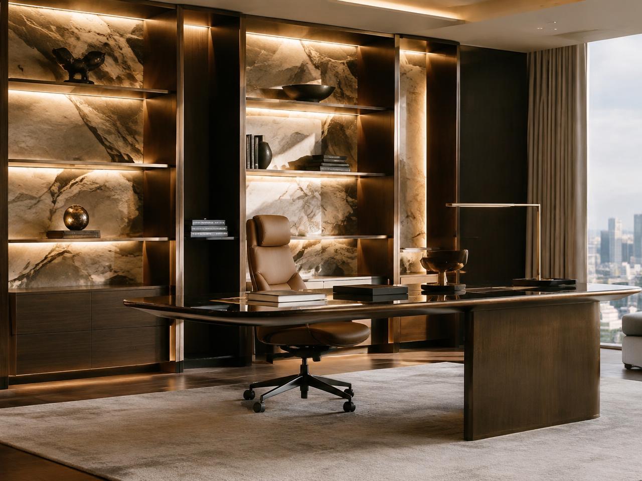 Modern luxury home office with backlit stone shelving