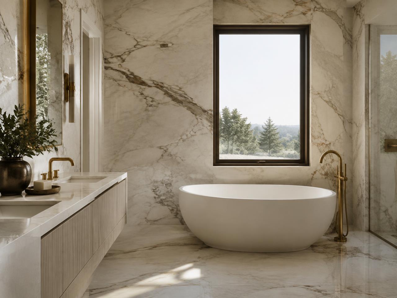 Modern luxury bathroom with marble and freestanding tub