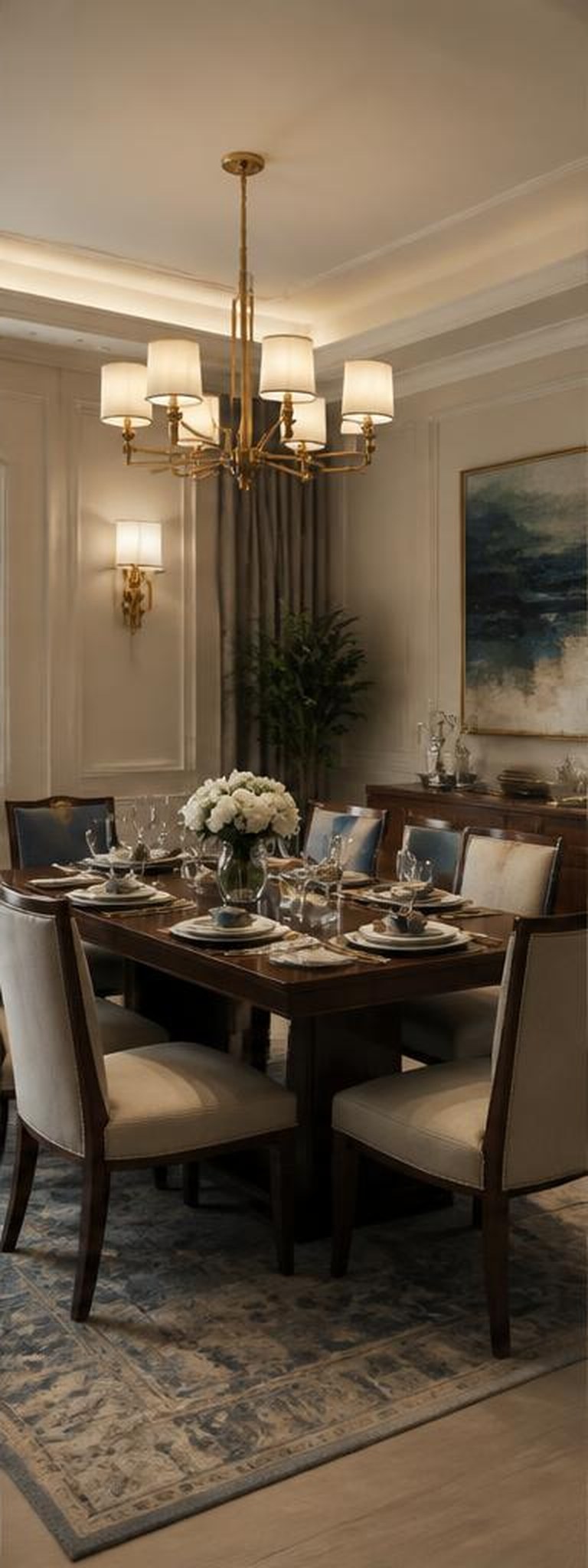 Transitional dining room with walnut table and brass chandelier