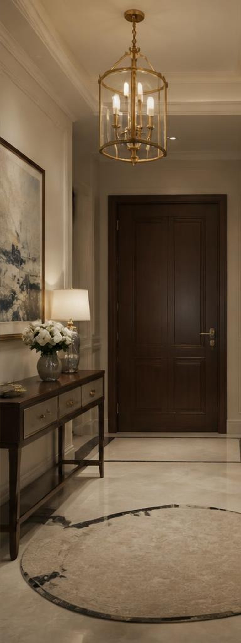 Transitional foyer with brass lantern and walnut door