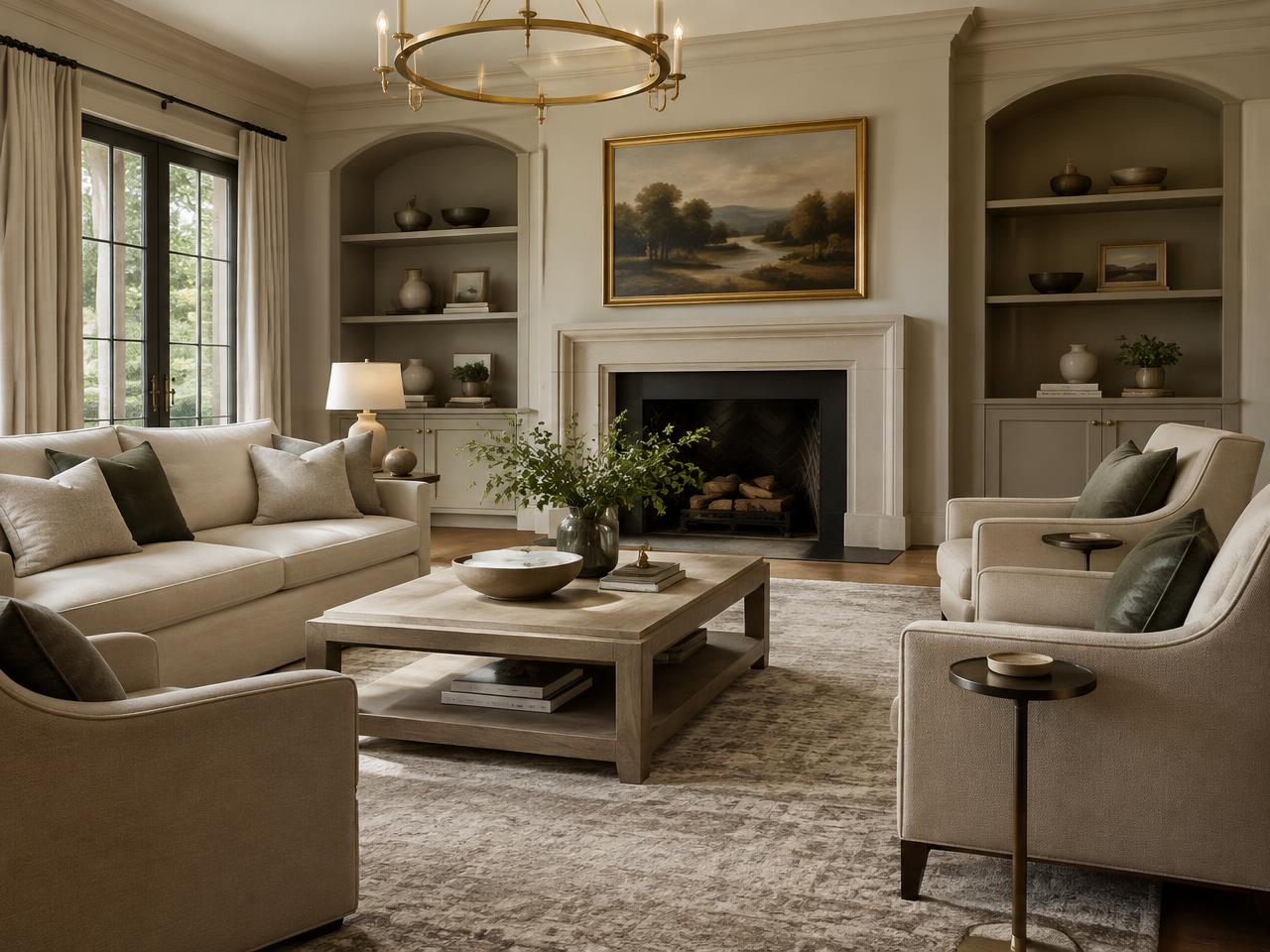 Transitional living room in warm neutrals