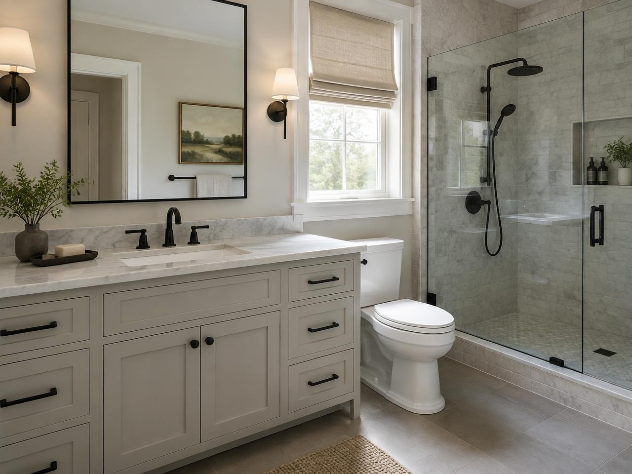 Transitional bathroom with marble top and black taps