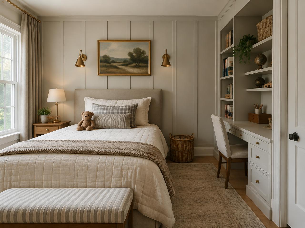 Transitional children's bedroom with panelled wall