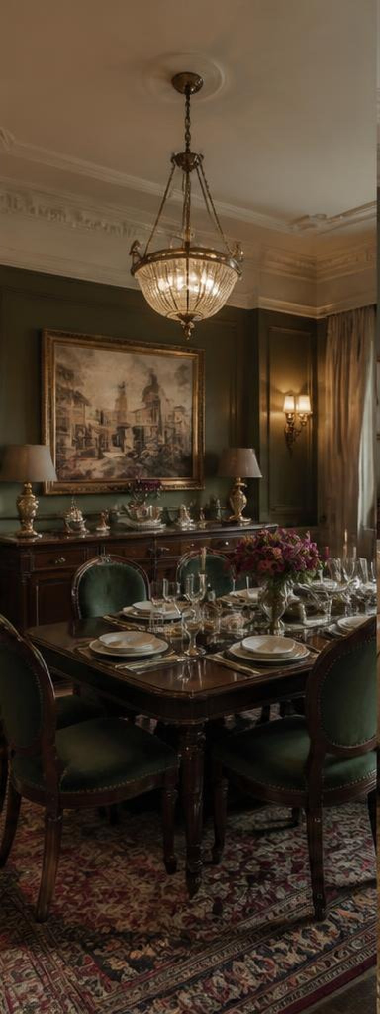 Victorian dining room with walnut table and chandelier