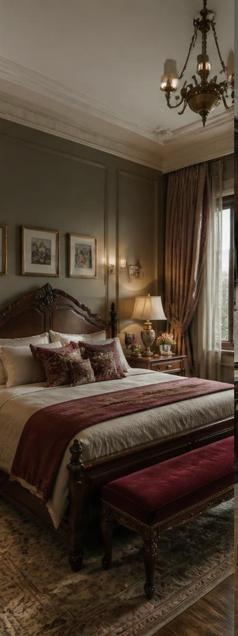 Victorian bedroom with carved bed and burgundy textiles