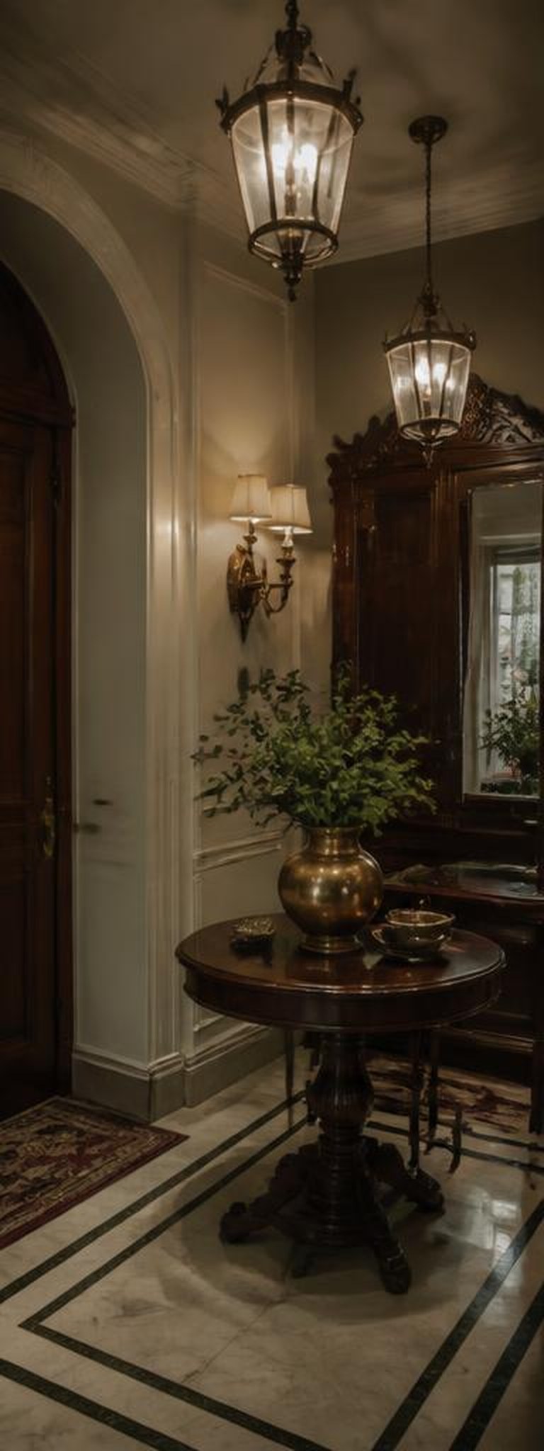 Victorian foyer with arched opening and antique console