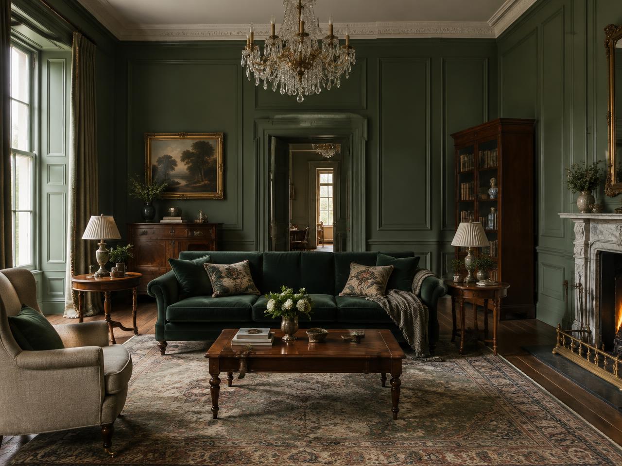 Victorian living room with panelled walls and velvet sofa