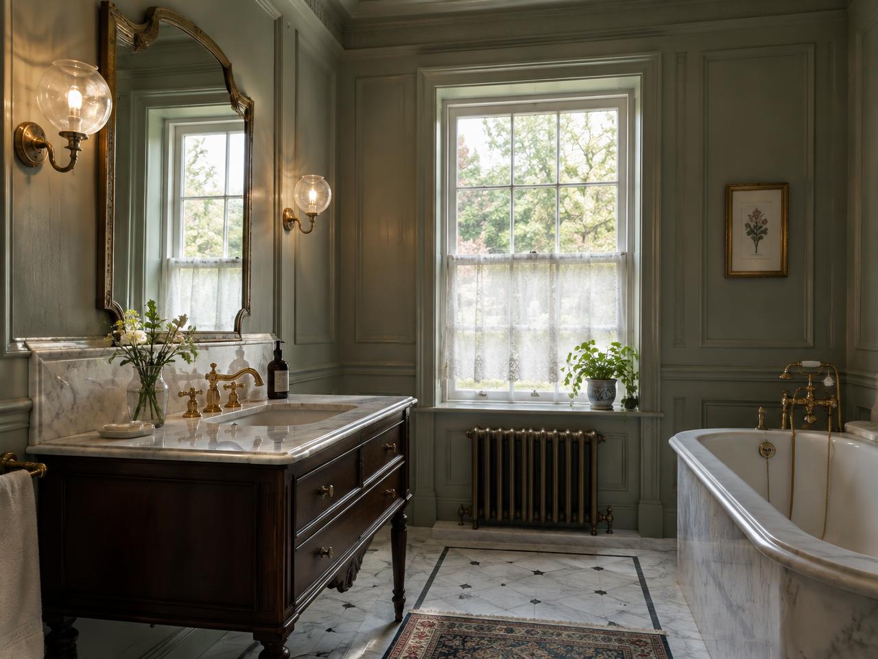 Victorian bathroom with marble vanity and brass taps