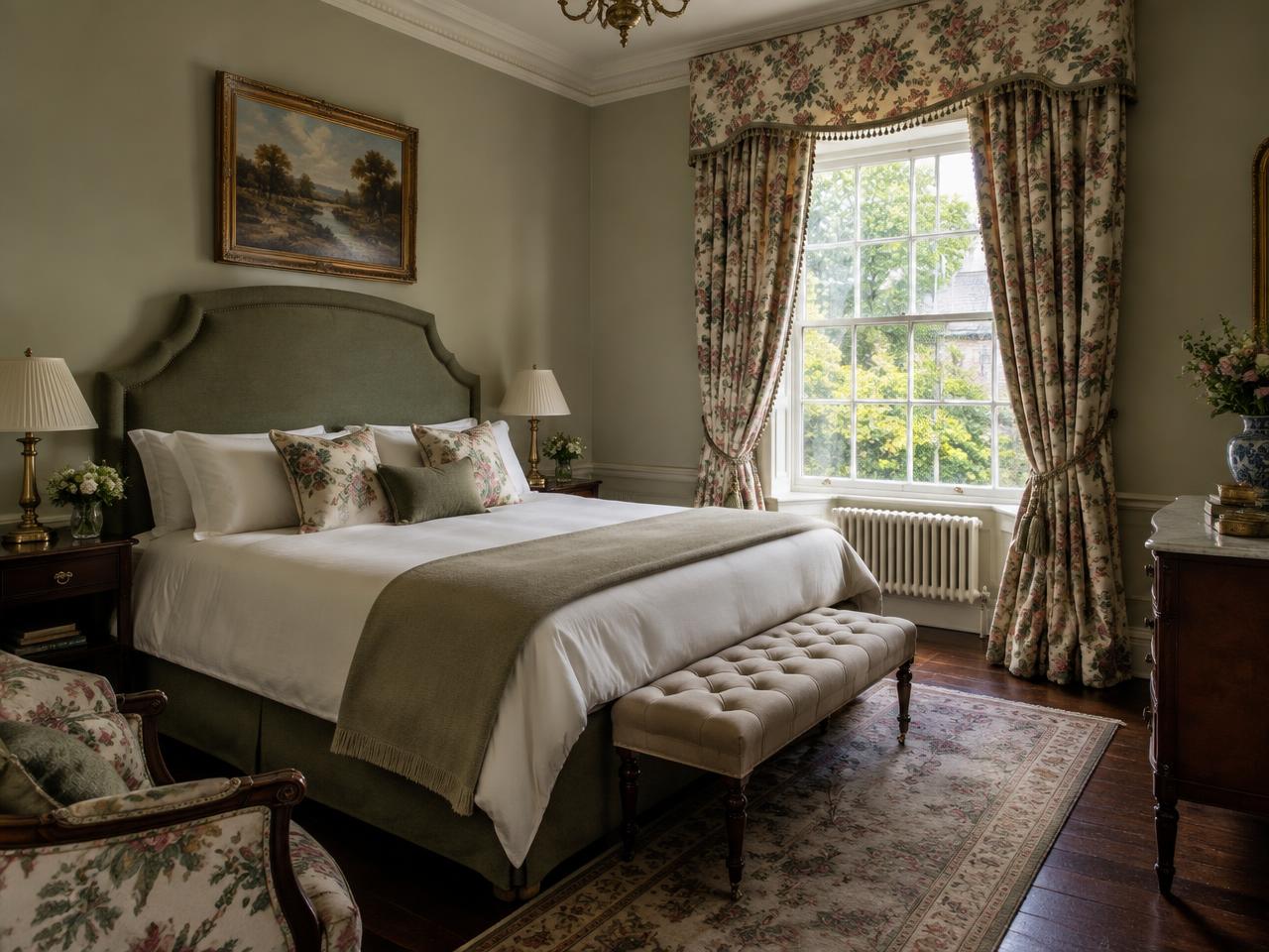Victorian guest bedroom with upholstered headboard